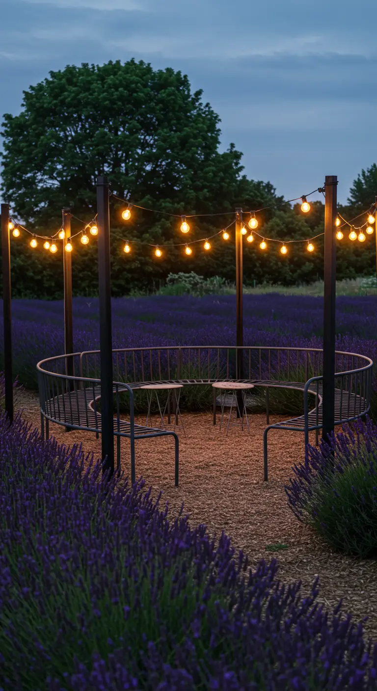 Circular seating area defined by posts with string lights in a lavender field.
