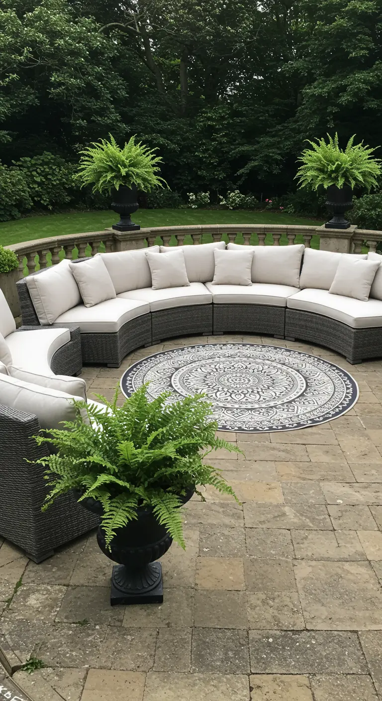 A large, curved grey rattan sectional on a round mandala rug on a stone patio.