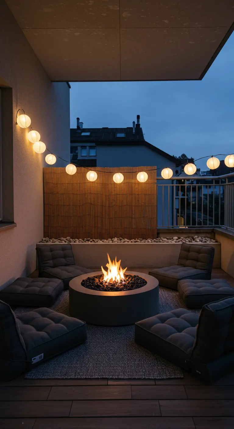 Balcony at night with a central fire pit, low grey sofas, and overhead string lights.