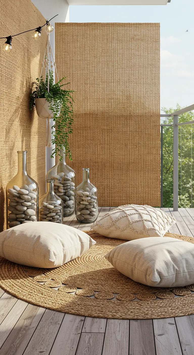 Cozy balcony with a jute rug, floor cushions, and large glass bottles filled with pebbles.