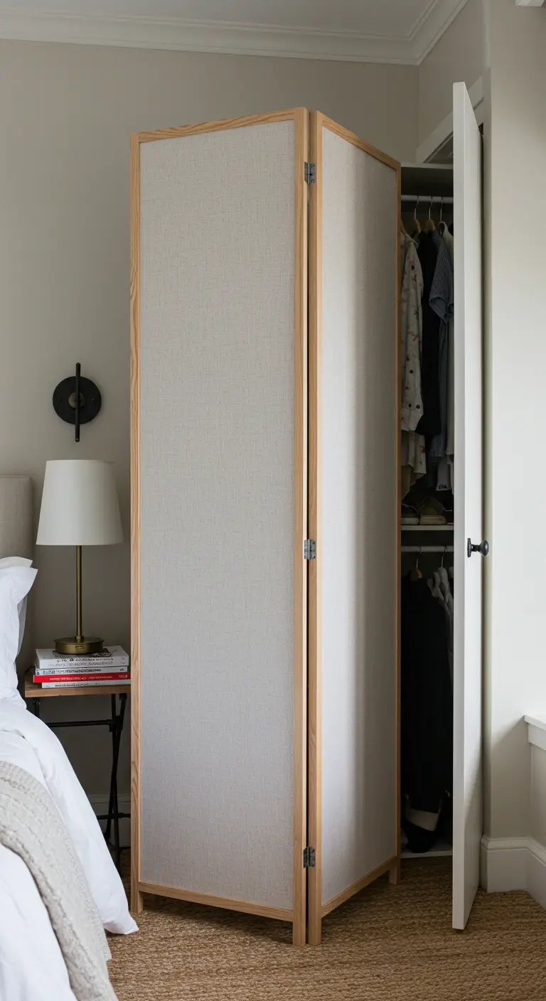 A linen-covered folding screen stands in front of an open closet in a bedroom.