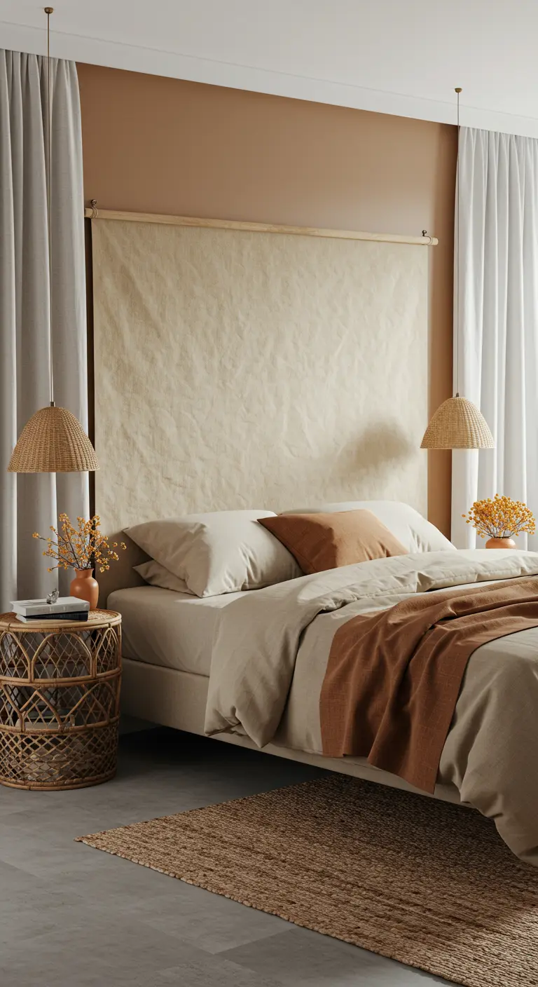 A large piece of unstretched canvas hangs on a tan wall behind a bed.