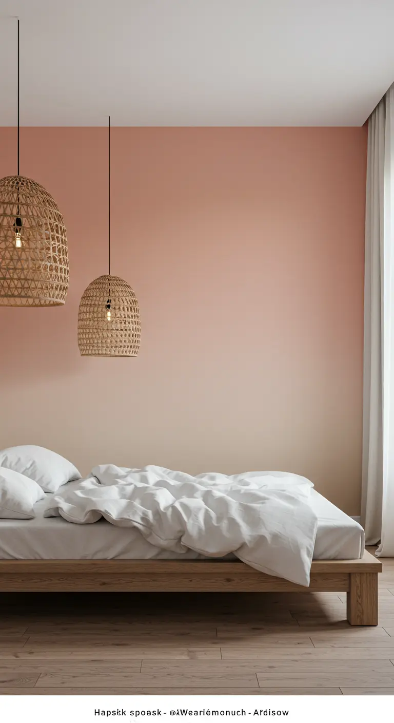 A serene bedroom with a subtle peach-to-white gradient wall, rattan pendants, and white bedding.