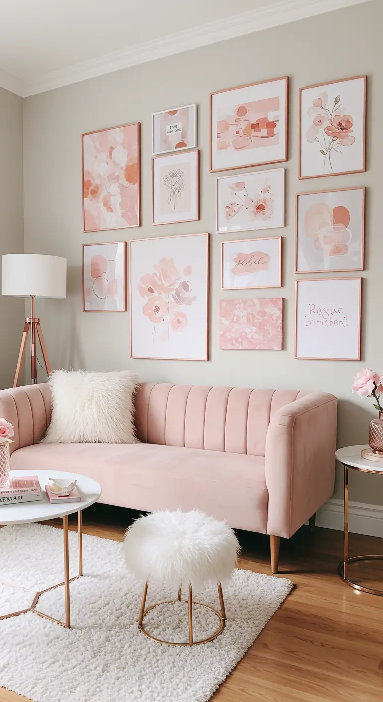 A gallery wall with blush pink art in rose gold frames above a pink velvet sofa.