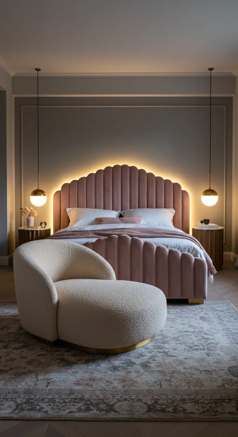 Dusty rose velvet bed with backlit headboard and a curved white chaise lounge.