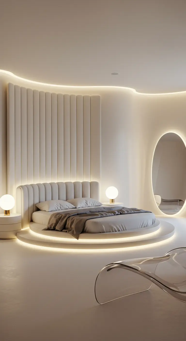 Serene futuristic bedroom with a round bed, cove lighting, and a large oval mirror.