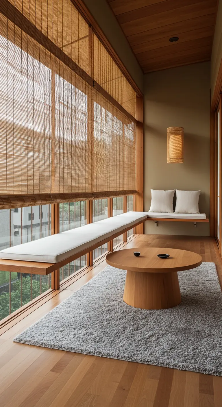A long balcony with a floating bench, a round coffee table, and a thick grey shag rug.