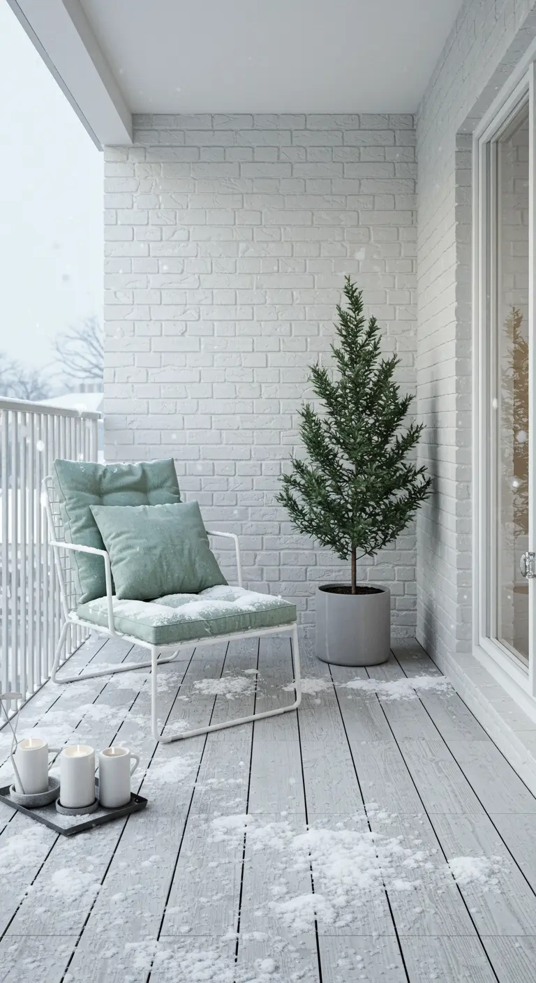 A modern white armchair with mint green cushions on a white brick balcony with snow.
