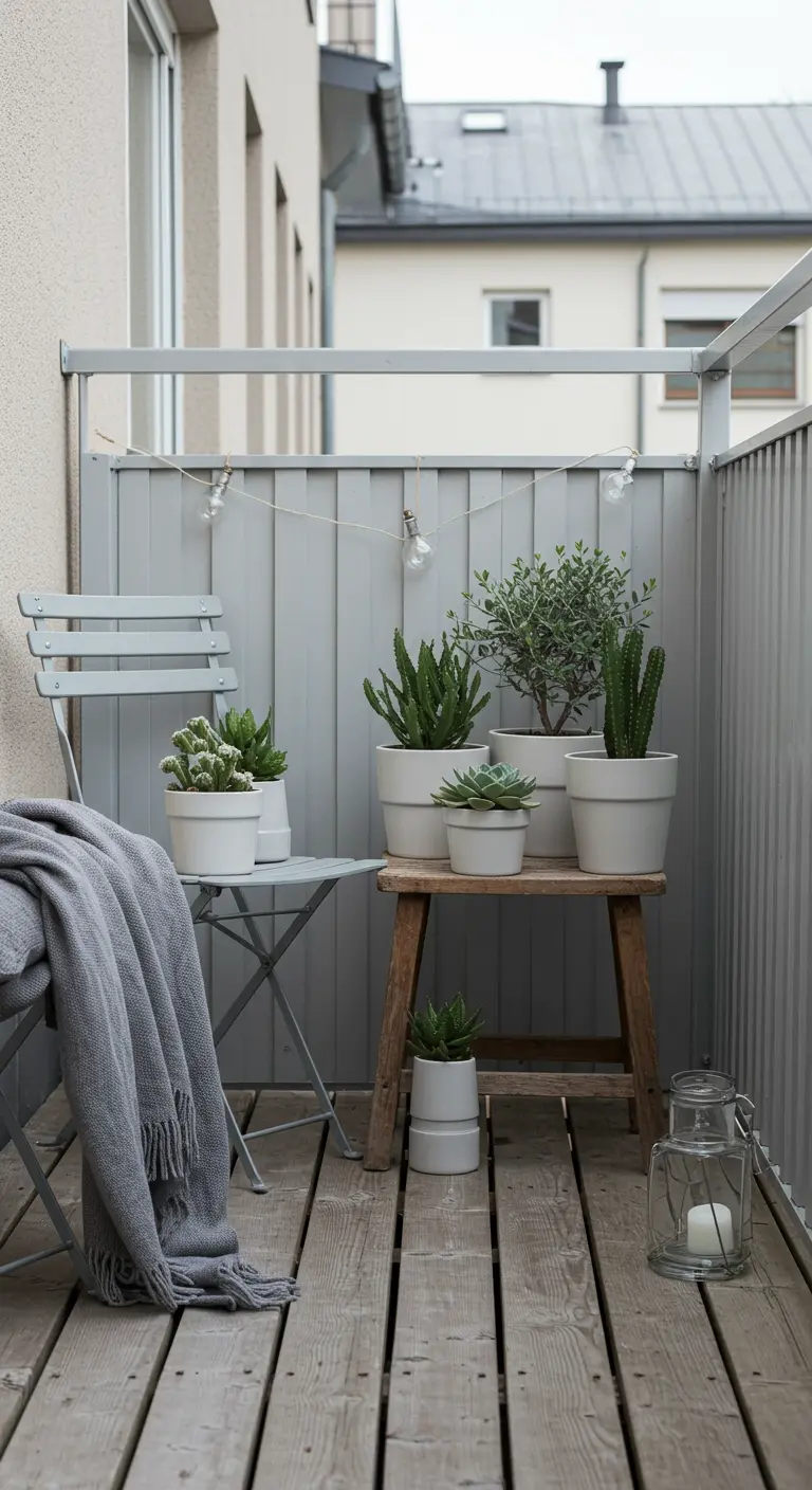 A cozy balcony with a gray throw blanket on a chair, succulents, and simple string lights.