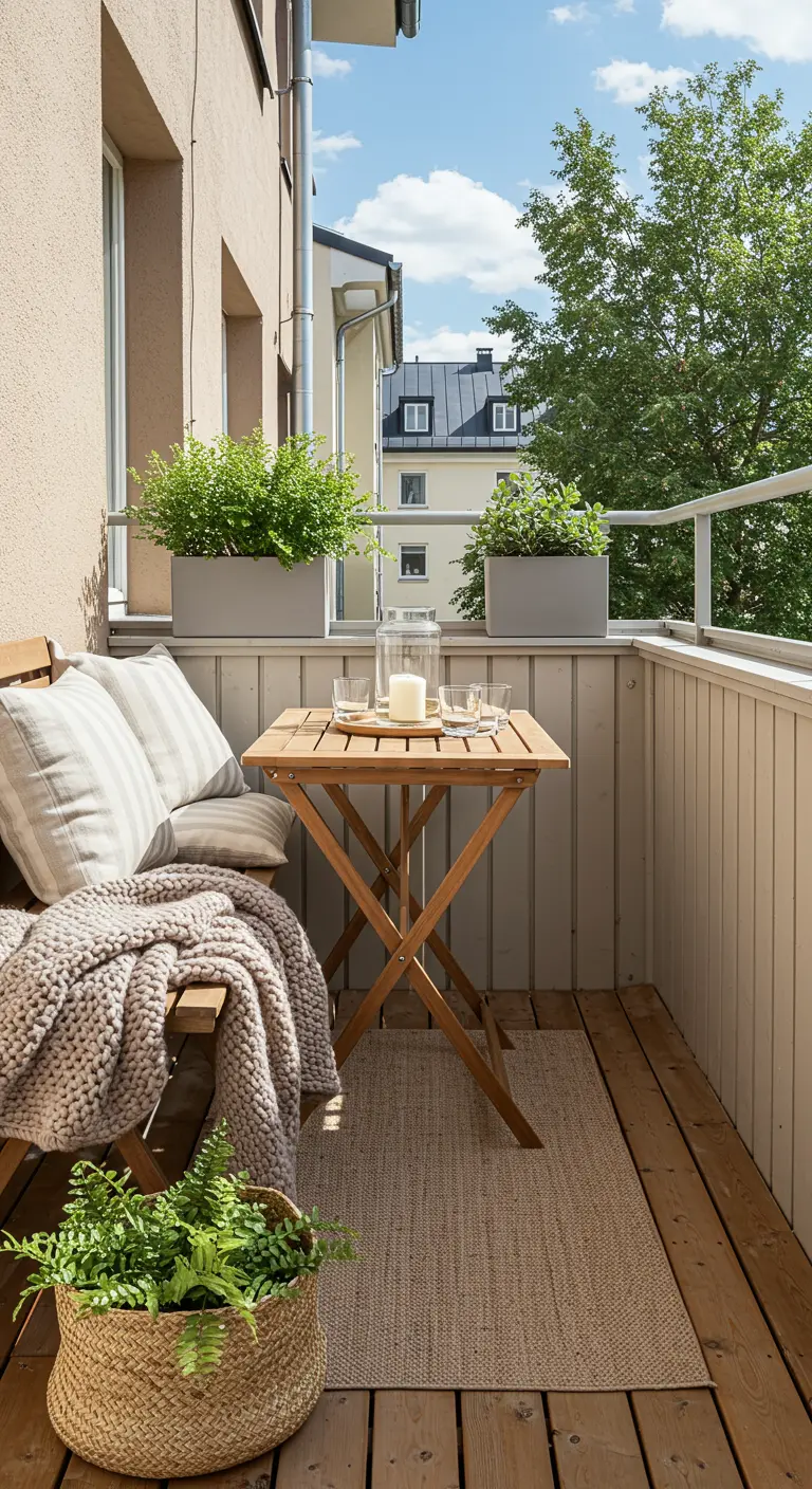 A cozy balcony with a wooden bench, chunky knit throw, striped pillows, and a fern in a basket.