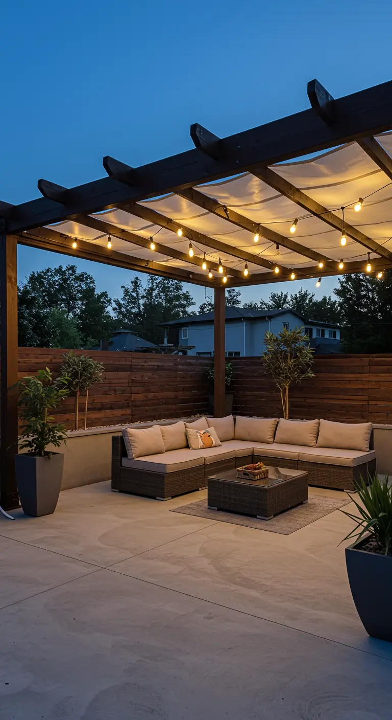 A dark pergola with a white fabric canopy woven through the rafters, over a modern sectional.