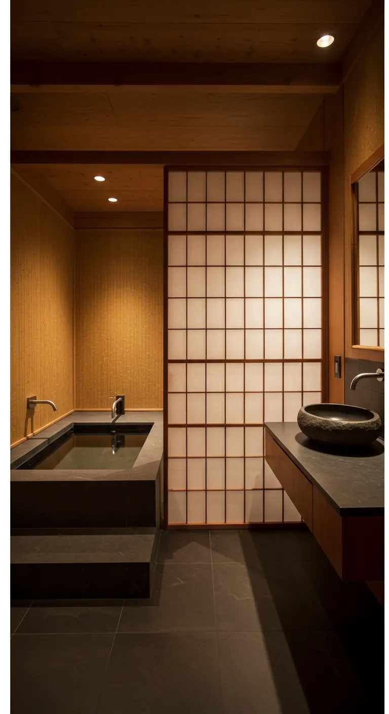Bathroom featuring a Japanese Shoji screen, a sunken stone tub, and a floating wood vanity.