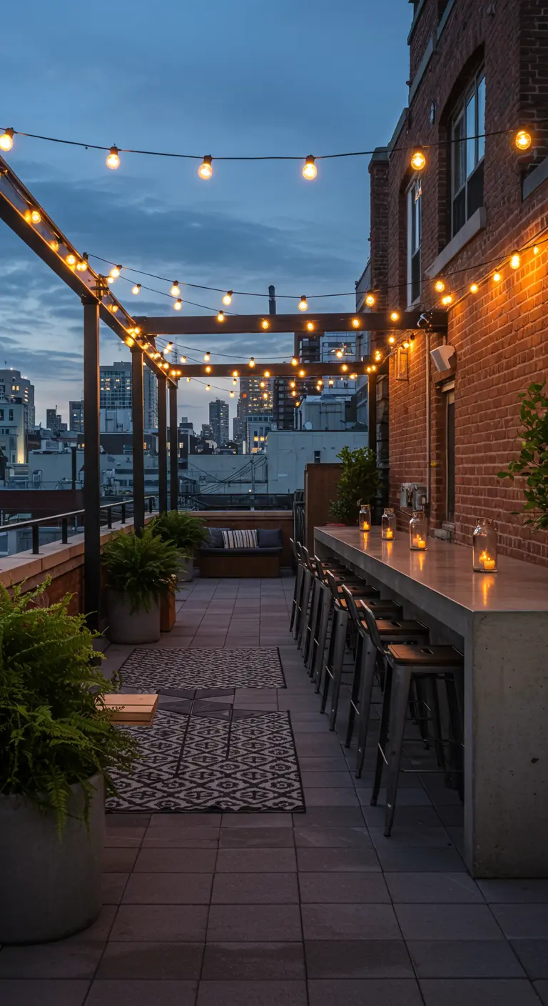 Rooftop terrace with concrete bar, metal stools, and string lights at dusk.