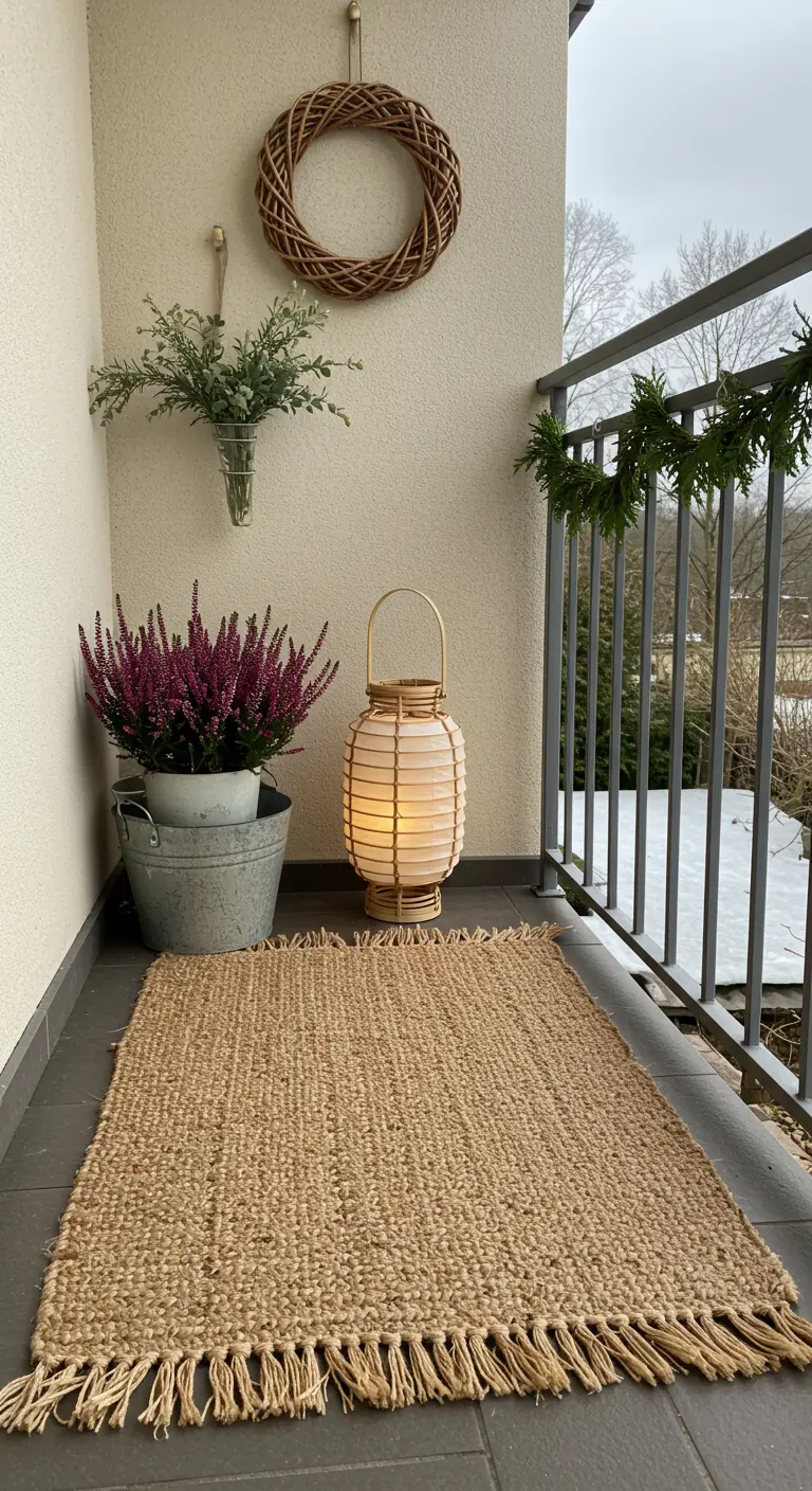 A simple balcony with a jute rug, potted purple heather, and a wicker lantern.