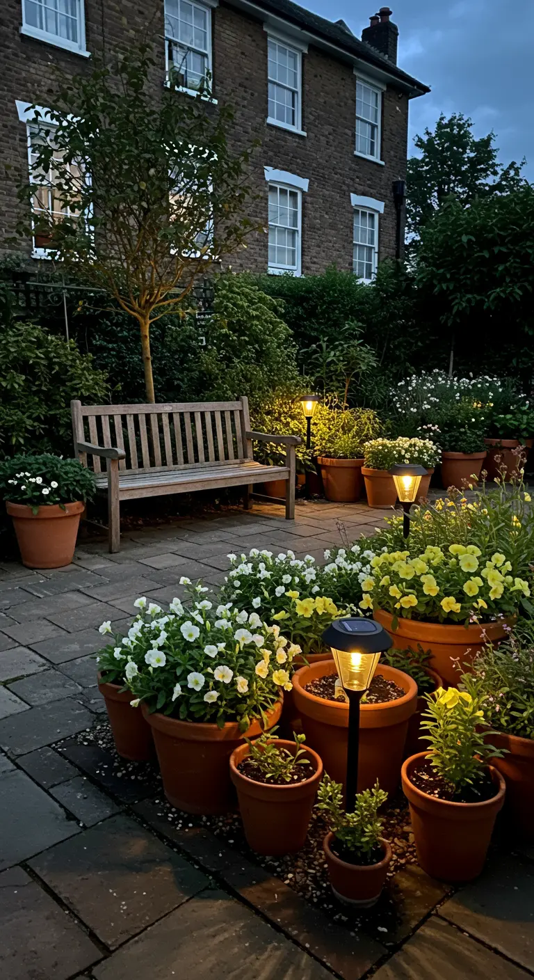 A stone patio at dusk with a wooden bench, terracotta pots, and solar lights glowing among the plants.