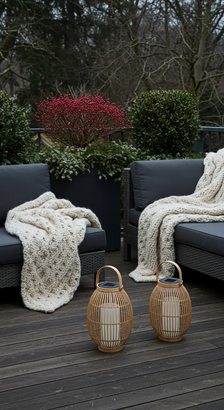 A modern deck with deep gray seating, chunky knit blankets, and two woven bamboo solar lanterns.