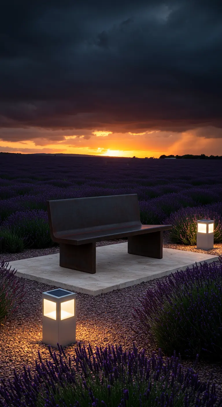 A minimalist dark bench on a stone platform, flanked by modern cube-shaped lights.