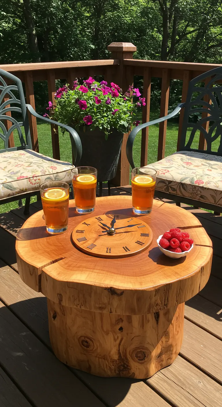 A thick, solid log table with an inset clock face, next to a planter of pink petunias.
