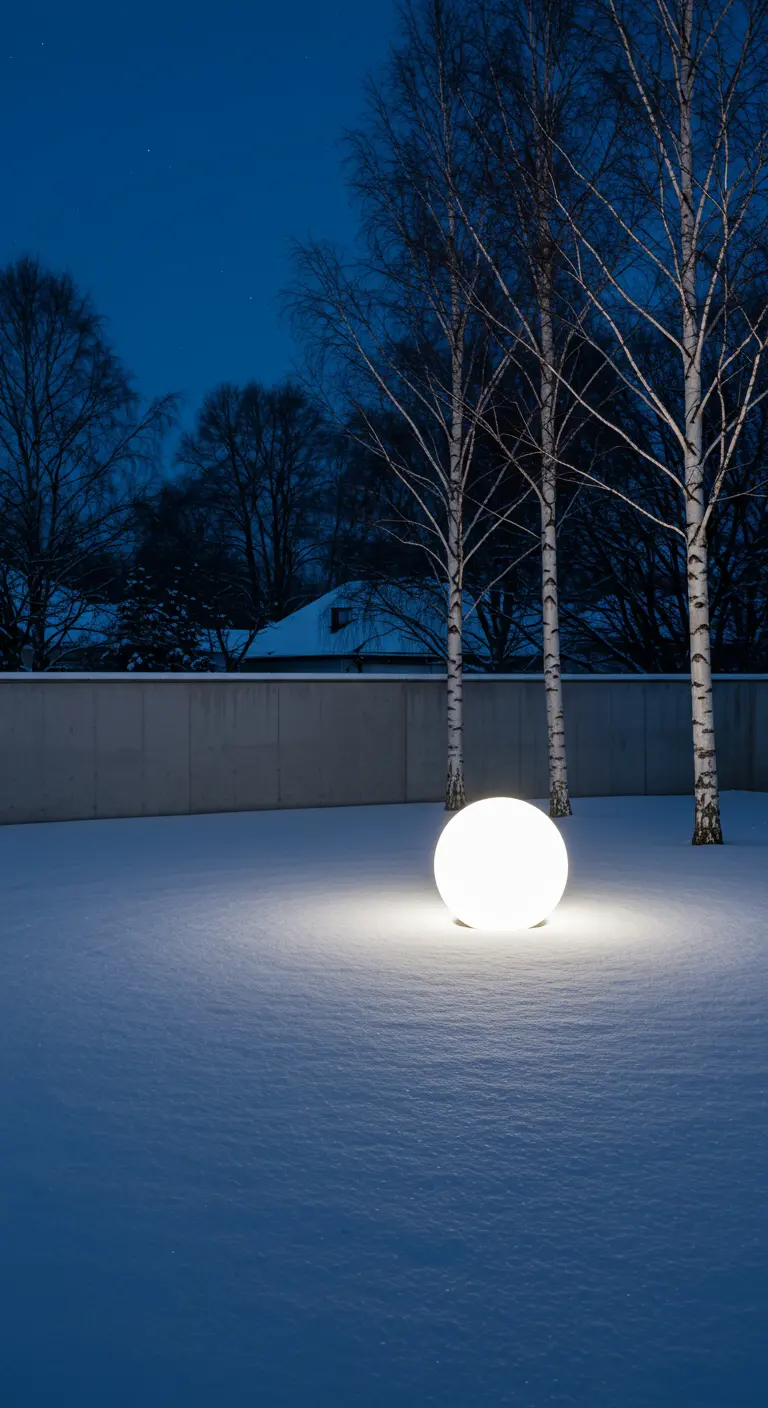 A single large glowing orb on a vast snowy lawn beside birch trees at night.