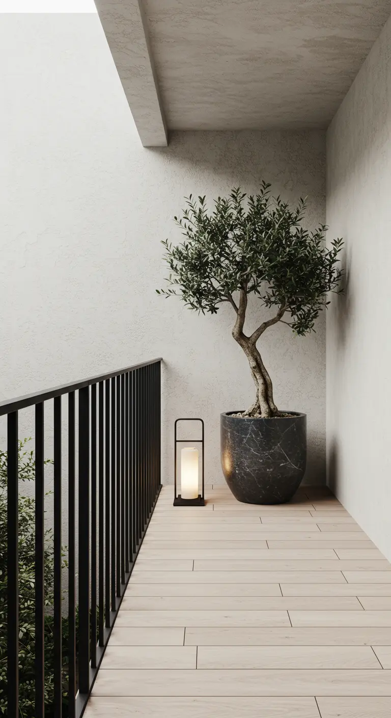A small olive tree in a dark marble pot on a narrow balcony with a lantern.