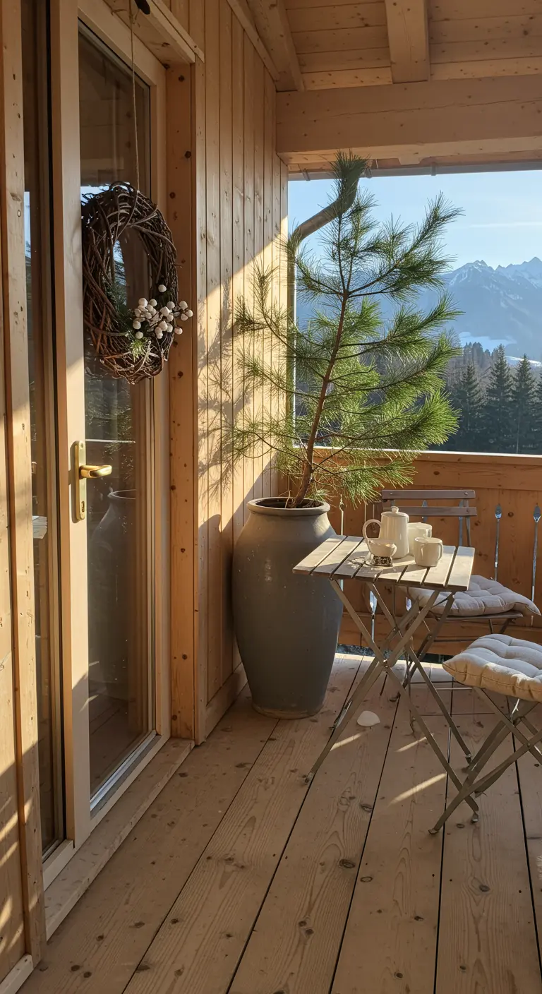 A single potted pine tree on a sunlit wooden balcony with a simple twig wreath on the door.