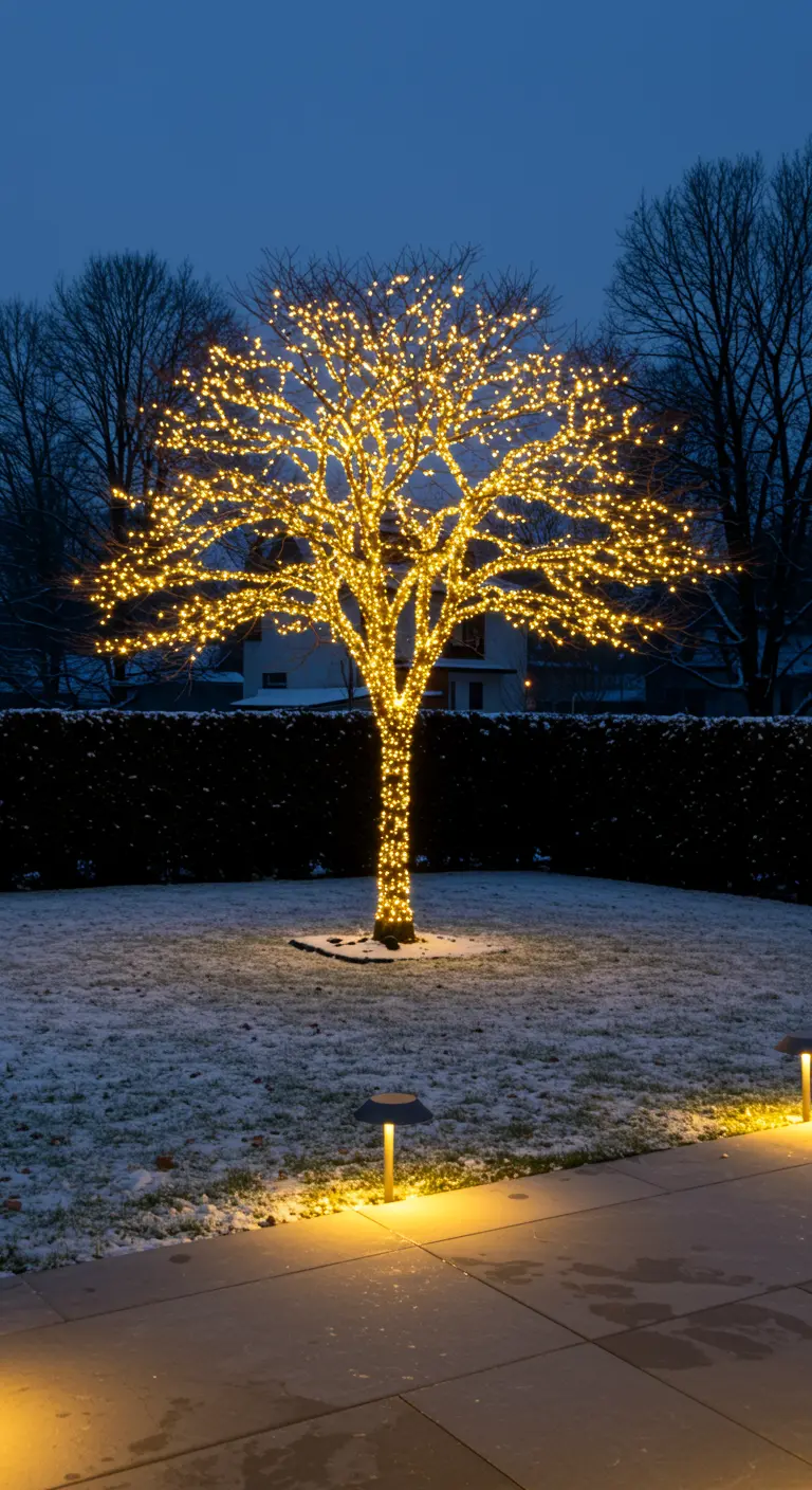 A lone leafless tree meticulously wrapped in golden fairy lights in a snowy yard.