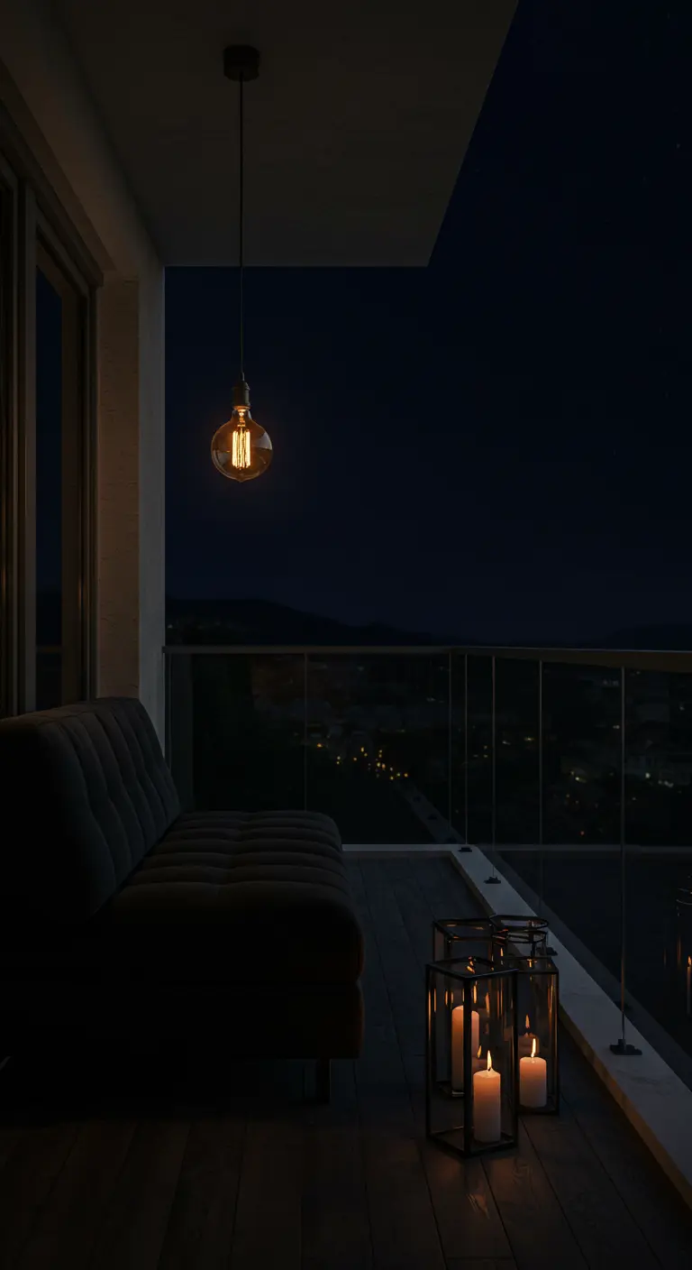 A modern balcony at night with a black sofa, a single hanging Edison bulb, and candles in lanterns.