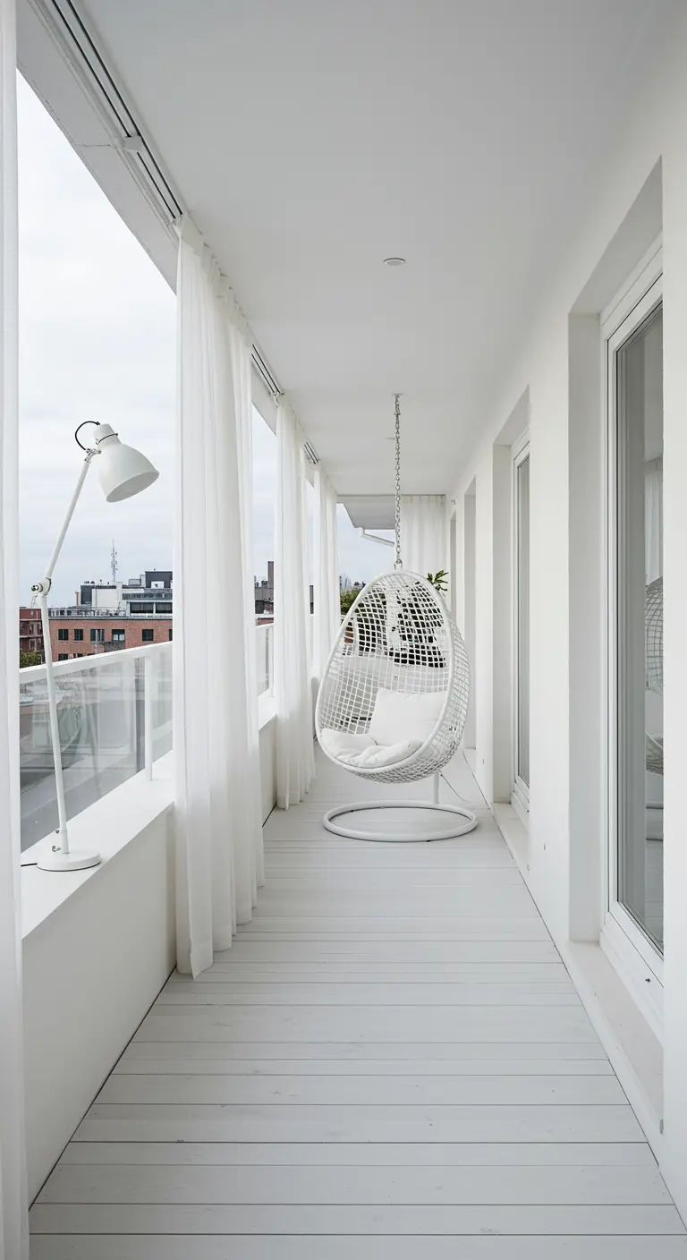 A narrow white balcony featuring a hanging egg chair and sheer white curtains.