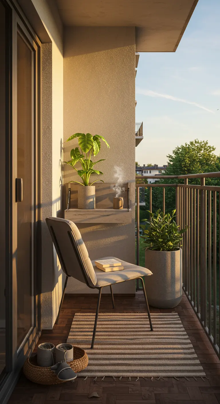 A tiny balcony corner with a small fold-down shelf, a single chair, and a striped rug.