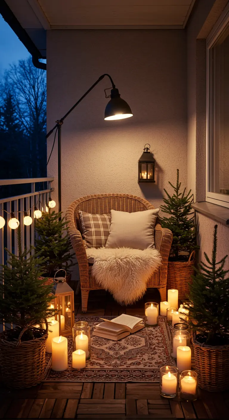 A cozy reading nook on a balcony with a wicker chair, candles, and a floor lamp.