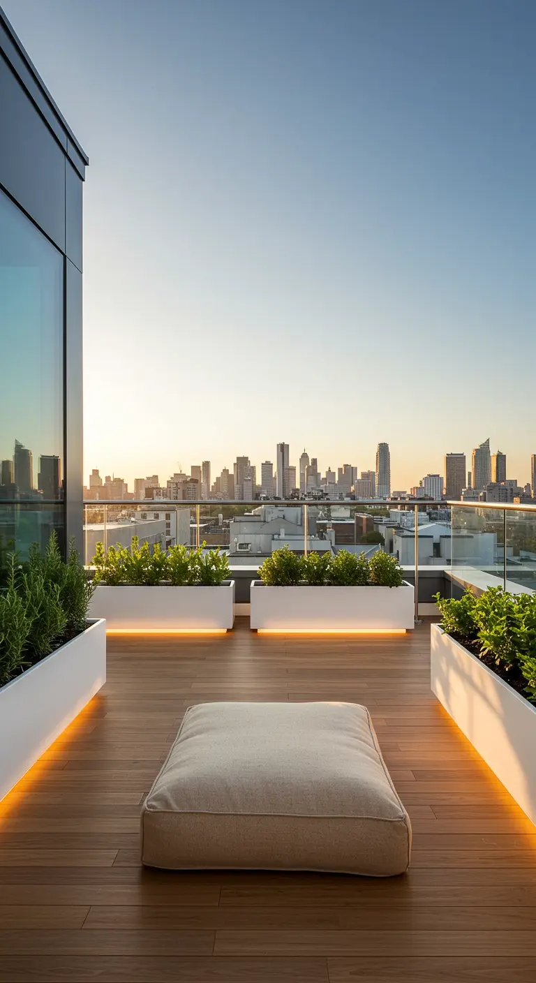 Minimalist wood deck overlooking a city, with one beige pouf between long, lit planters.