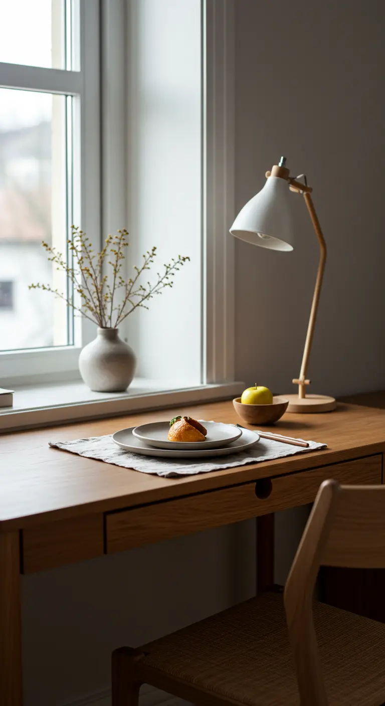 A quiet desk corner set for one with a linen placemat, a small plate, and a lamp.