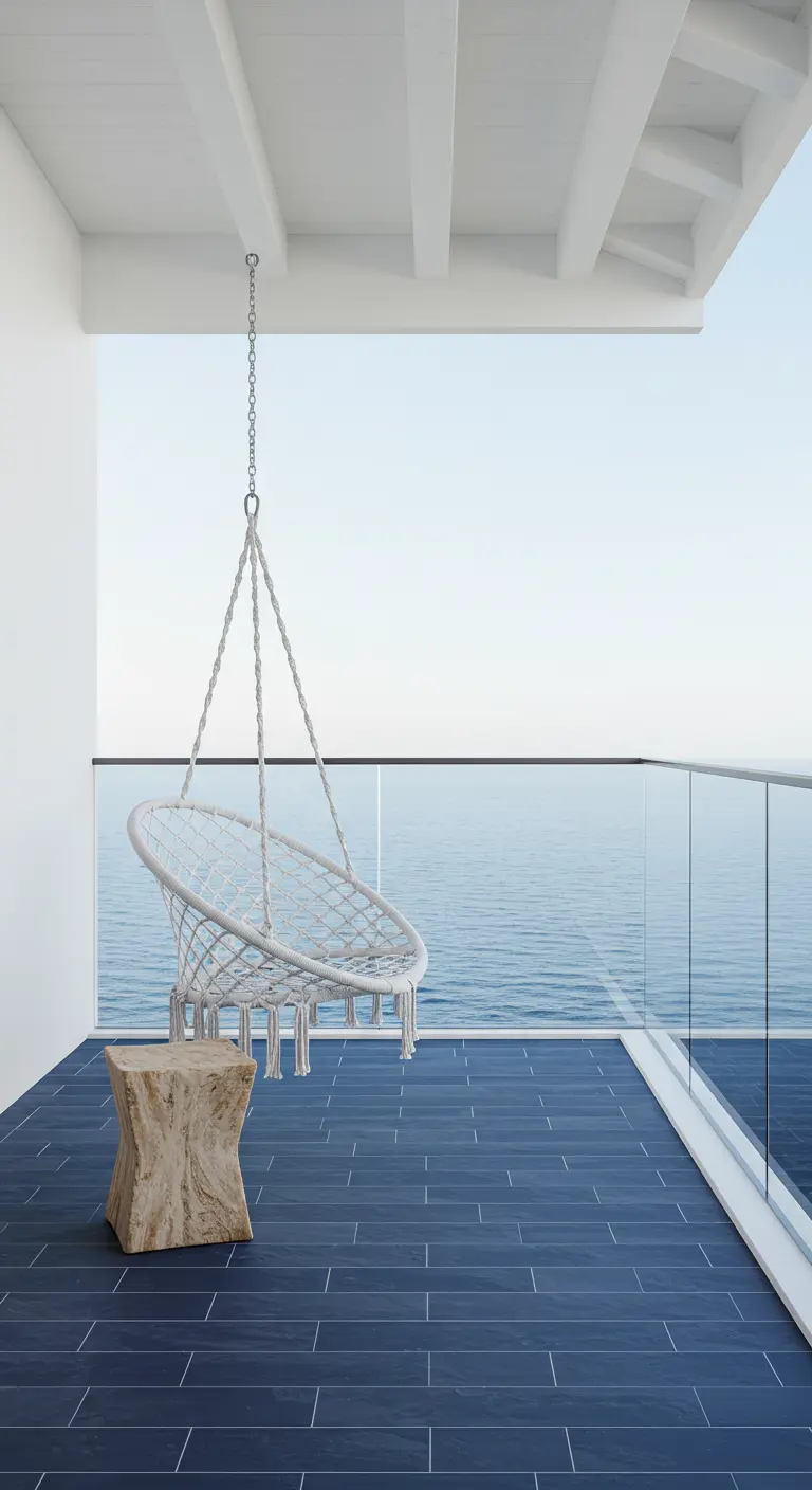 A white macrame hanging chair and a small wood stump table on a dark blue tiled balcony.