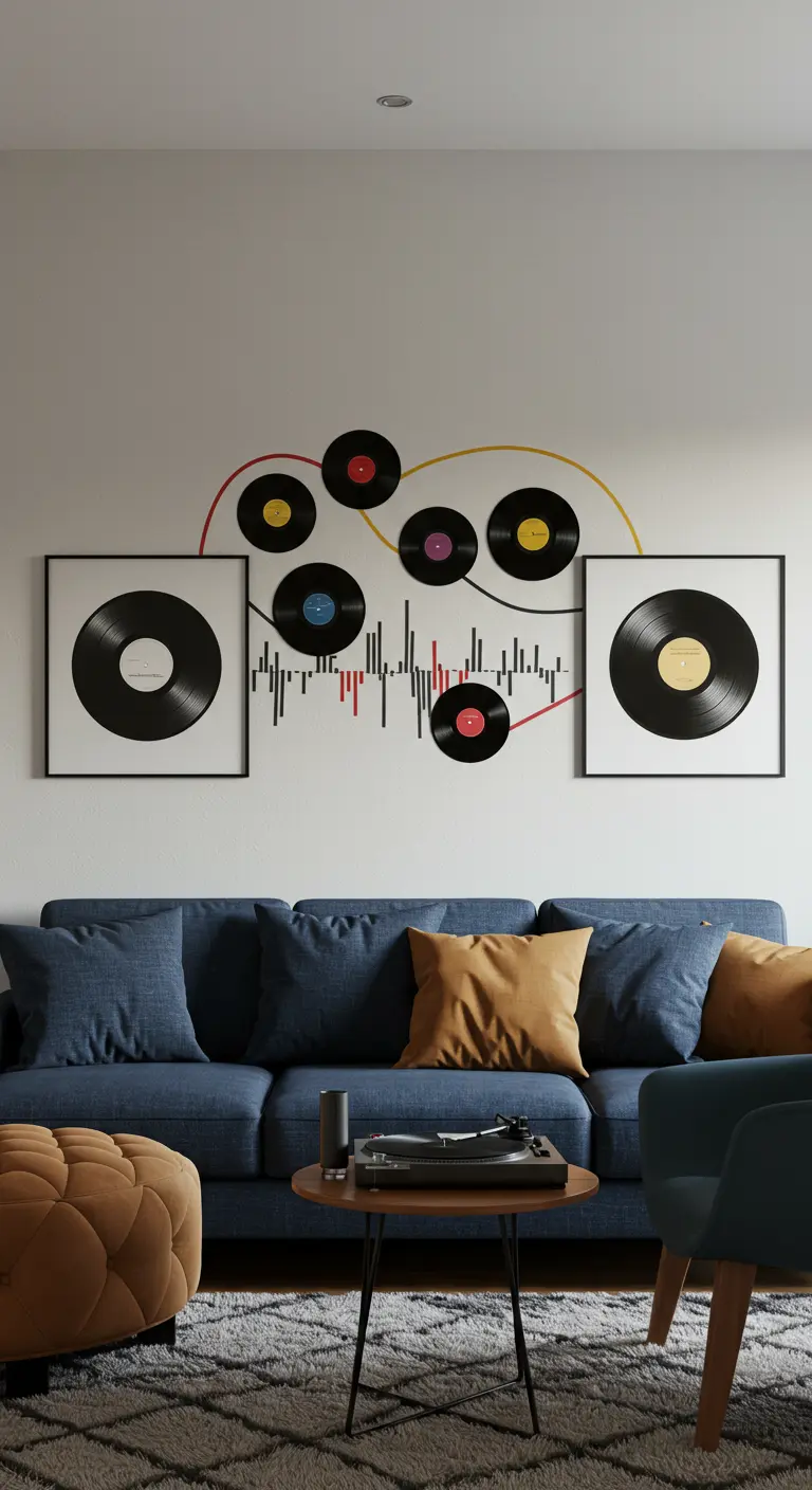 A wall display with vinyl records and colorful washi tape creating a sound wave pattern.