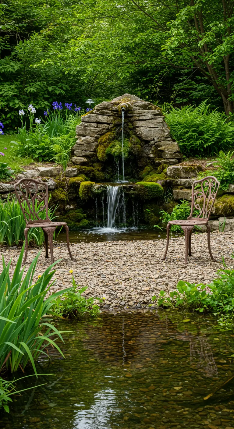 Small stone waterfall feature flowing into a pond, with two iron chairs nearby.