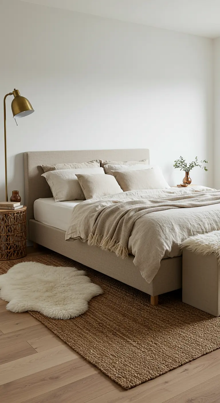 Upholstered bed with a jute rug layered with a sheepskin rug and a woven side table.