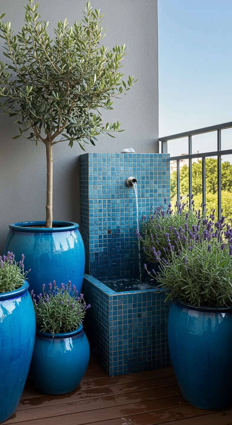 Balcony corner with a blue mosaic tile fountain surrounded by turquoise pots and plants.