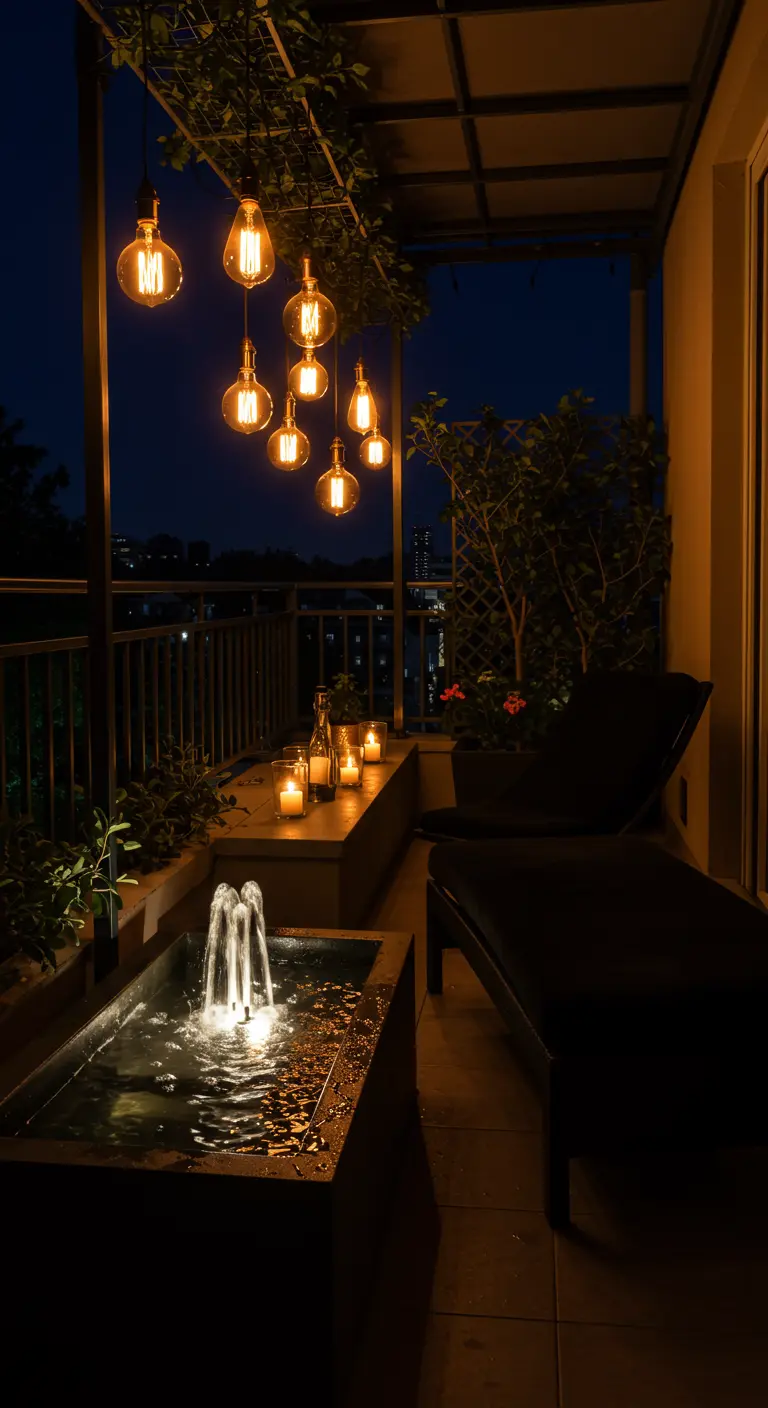A balcony with a small illuminated water fountain, a black chaise lounge, and hanging Edison bulbs.