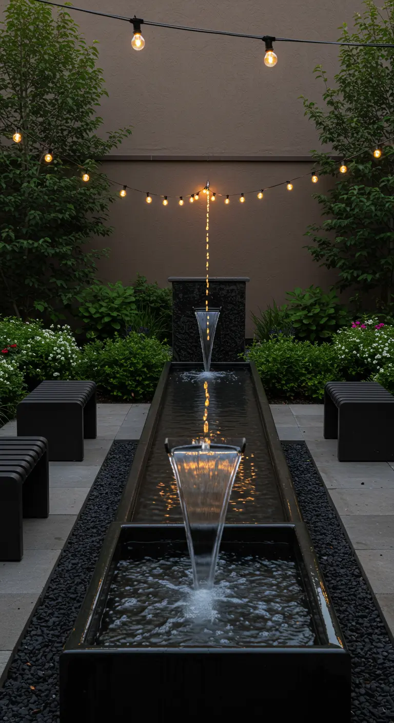 A long, dark water feature with fountains, flanked by modern black benches.