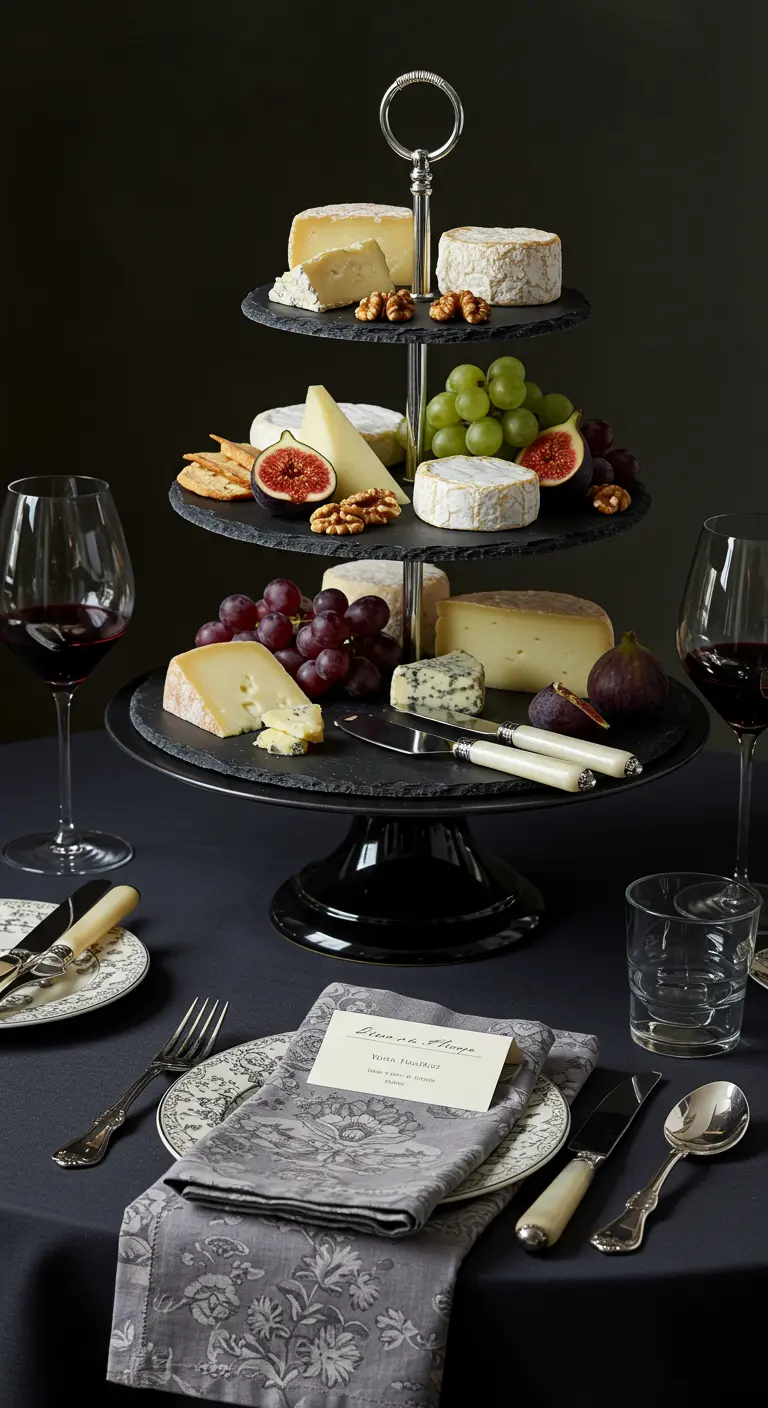 Tiered slate server with various cheeses, figs, and grapes on a dark tablecloth.