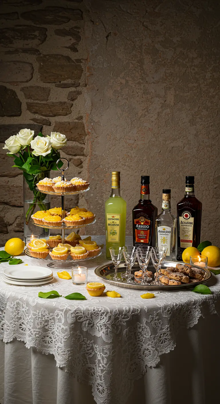 A dessert corner with a lace tablecloth, bottles of limoncello, and lemon tarts on a stand.