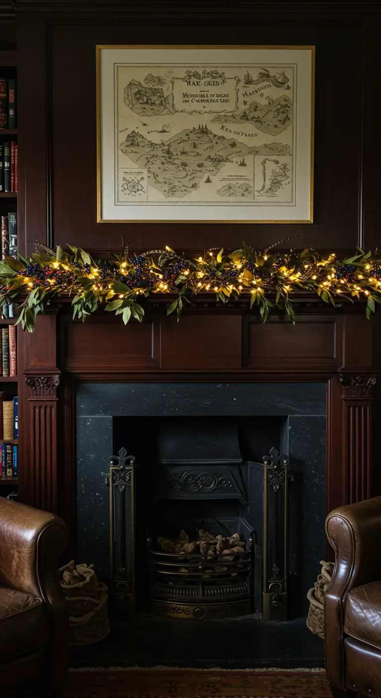 Dark wood mantel with a berry garland and a large vintage map print.