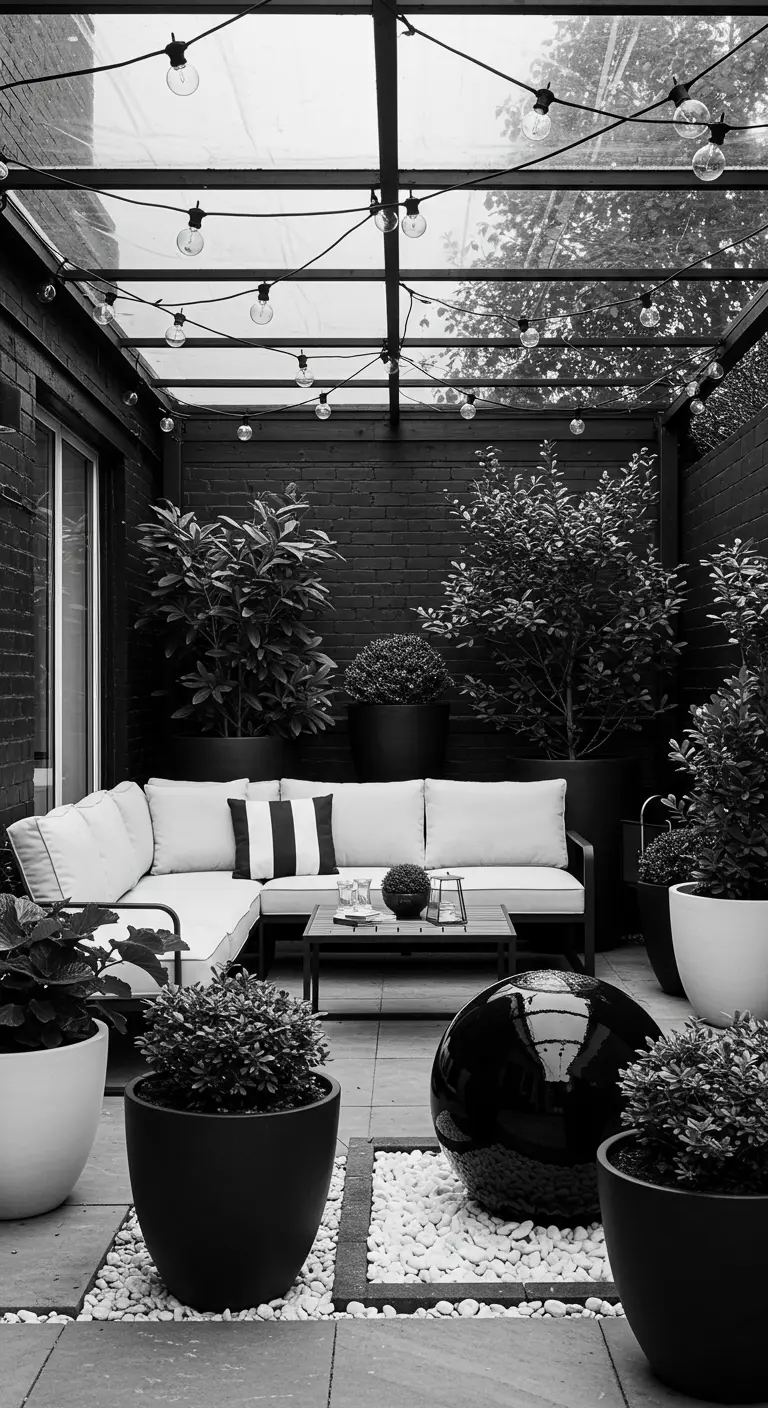 A black-and-white patio with a black wall, white sofa, and a black sphere fountain.