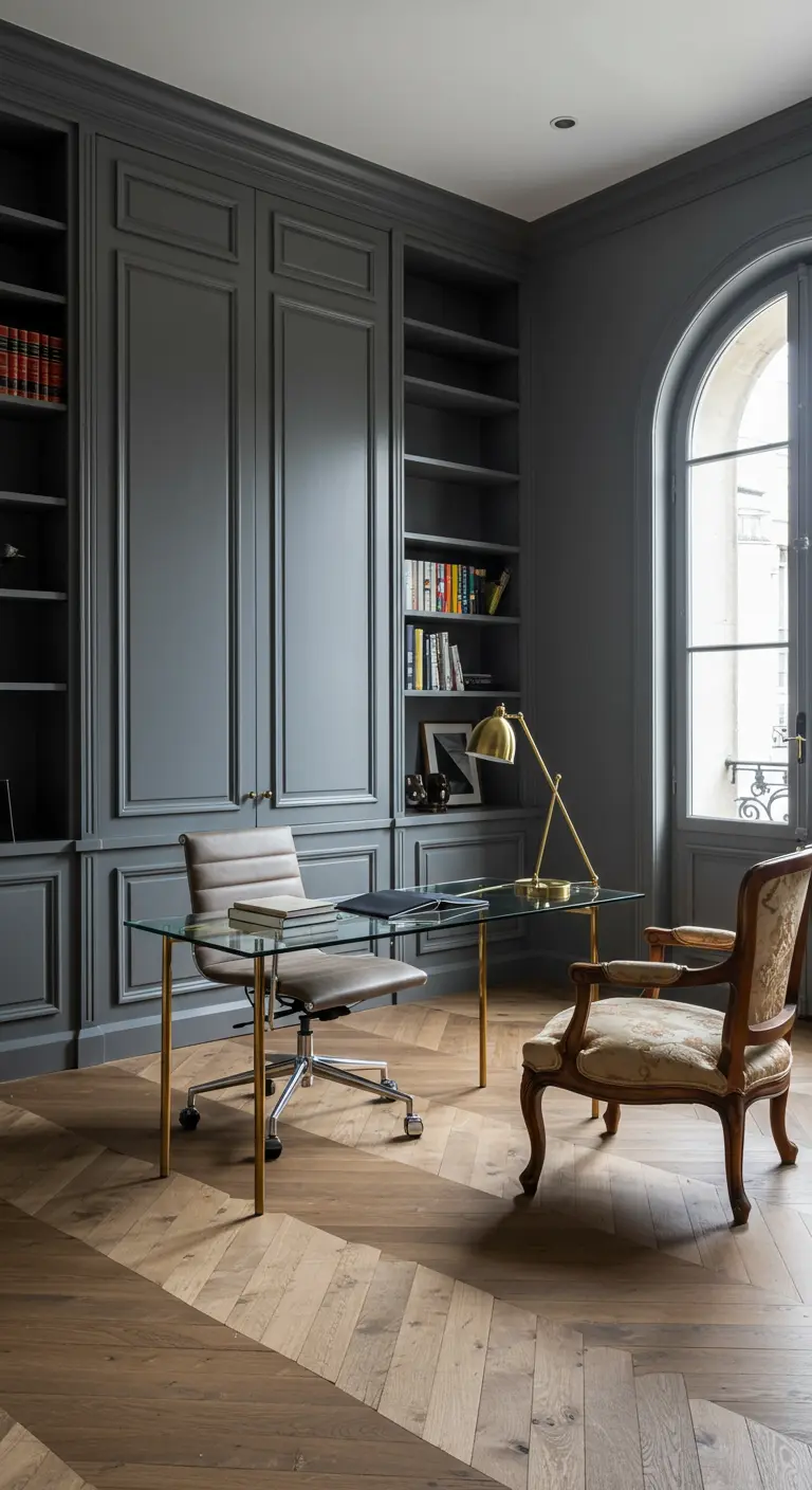 Home office with floor-to-ceiling grey cabinetry, a glass desk, and an arched window.