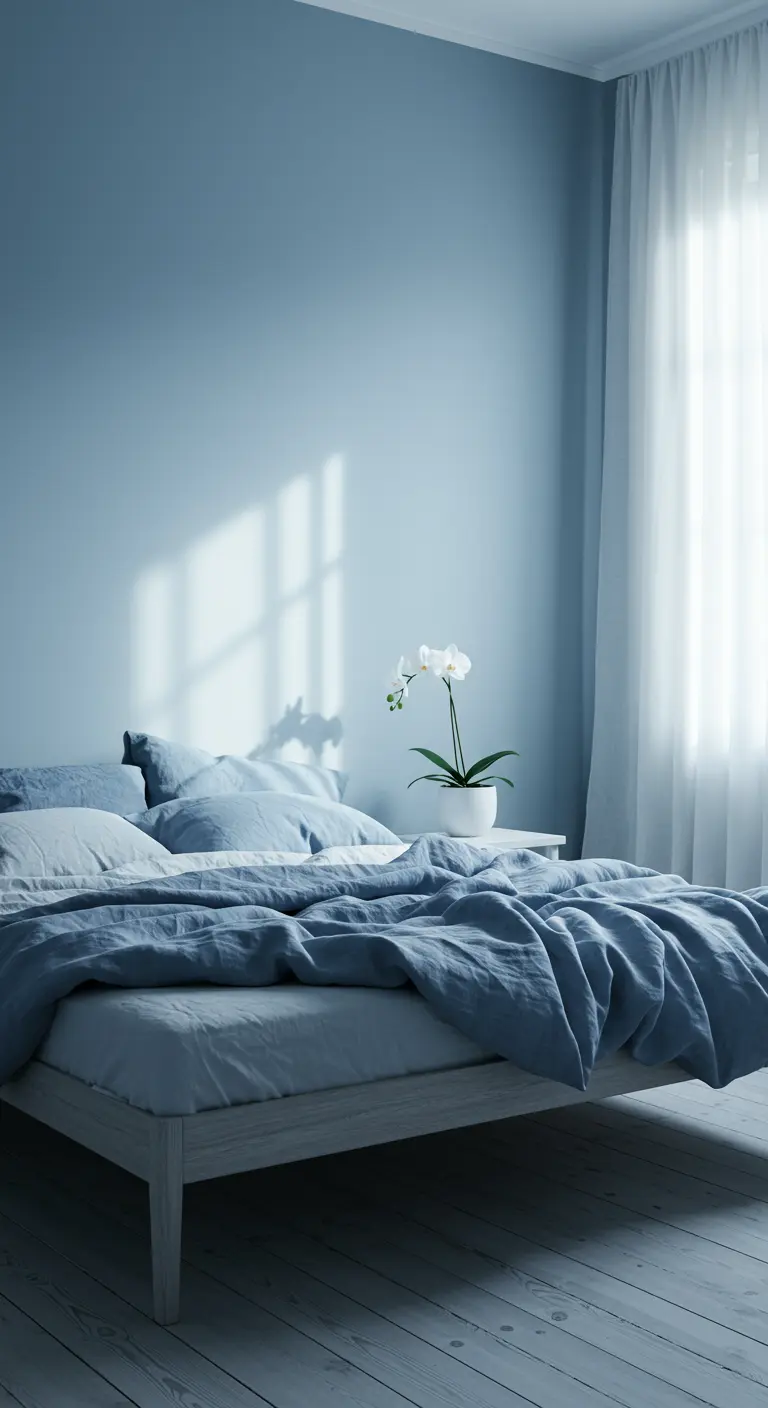 Monochromatic dusty blue bedroom with matching walls and linen bedding.