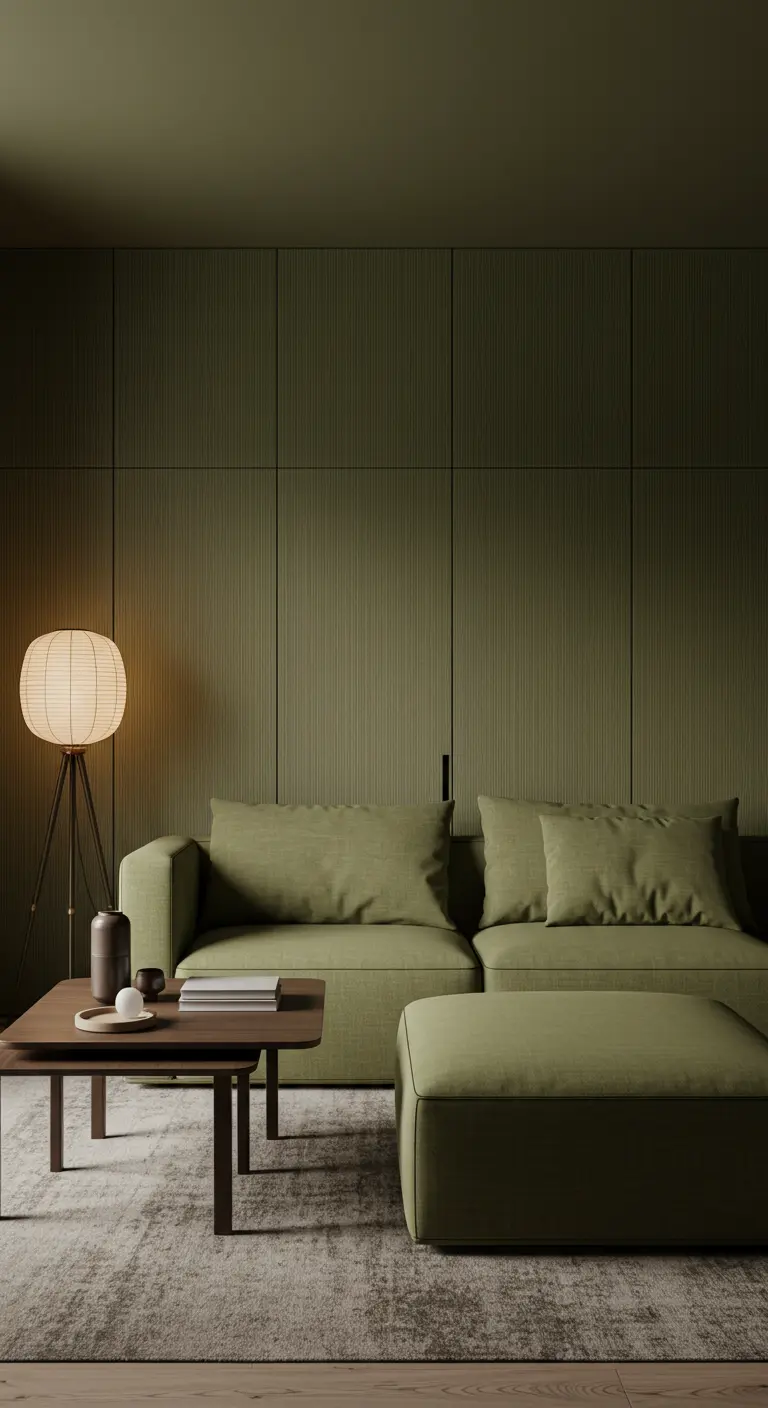 Olive green room with textured wall panels and a matching green modular sofa.
