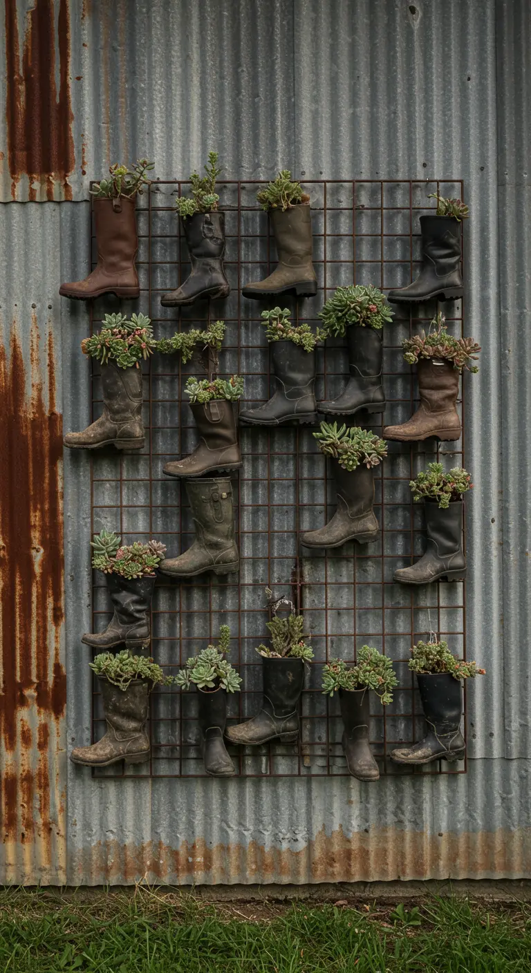 Worn boots with succulents hanging on a rusty trellis against a rusted metal wall.