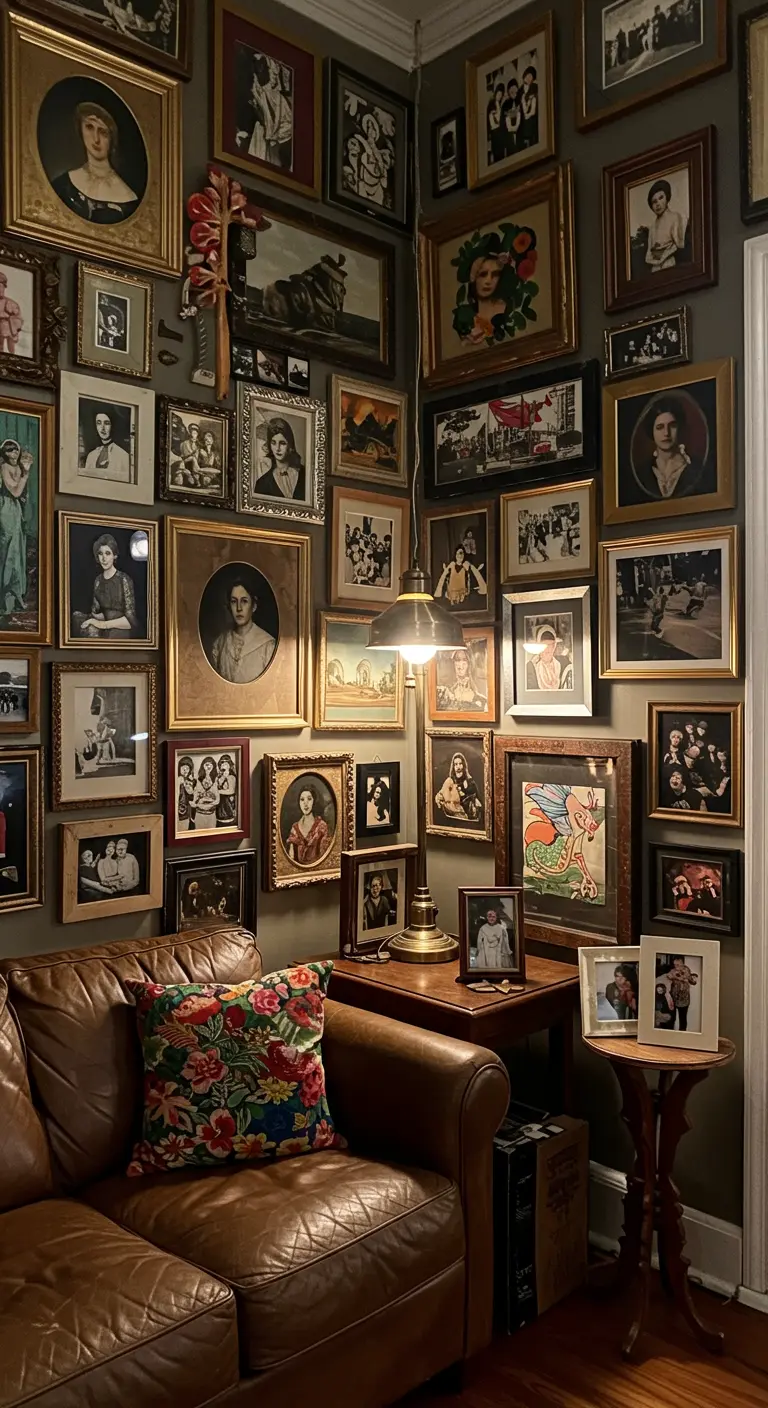 A cozy corner with a dense salon-style gallery wall of vintage photos.