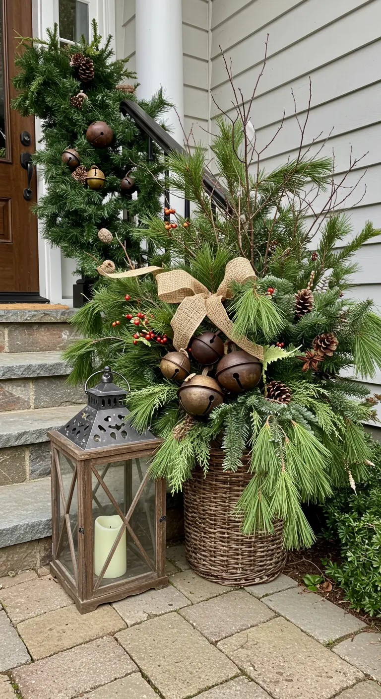 A wicker basket filled with greenery and large rustic bells, next to a lantern.