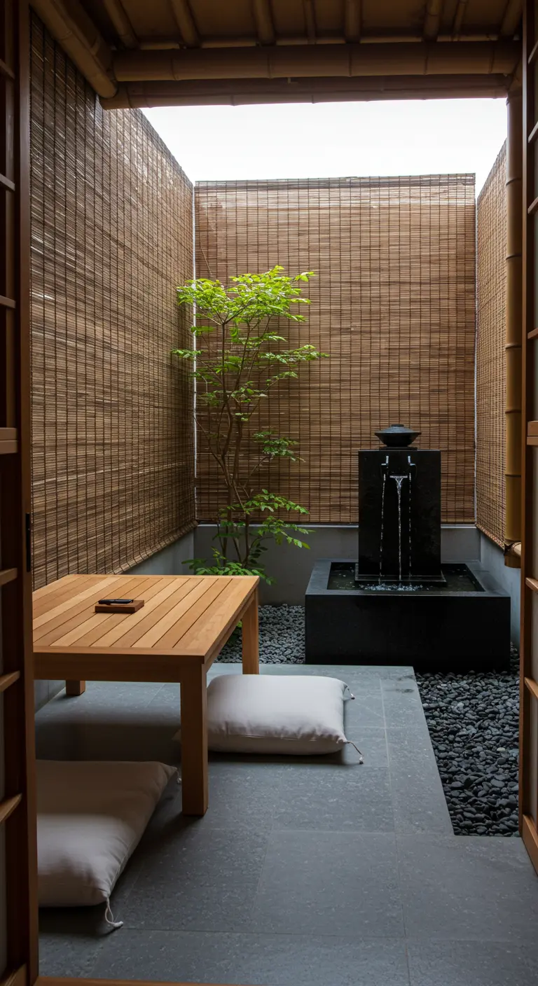 A serene balcony with a black slate water feature, river rocks, and a simple wooden table.